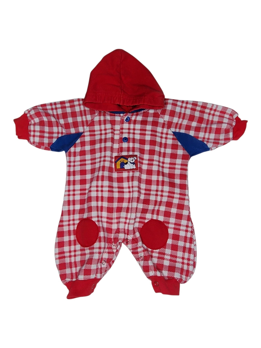 Vintage Metro Express Hooded Baby Romper Snowsuit Puppy Patch Red Plaid